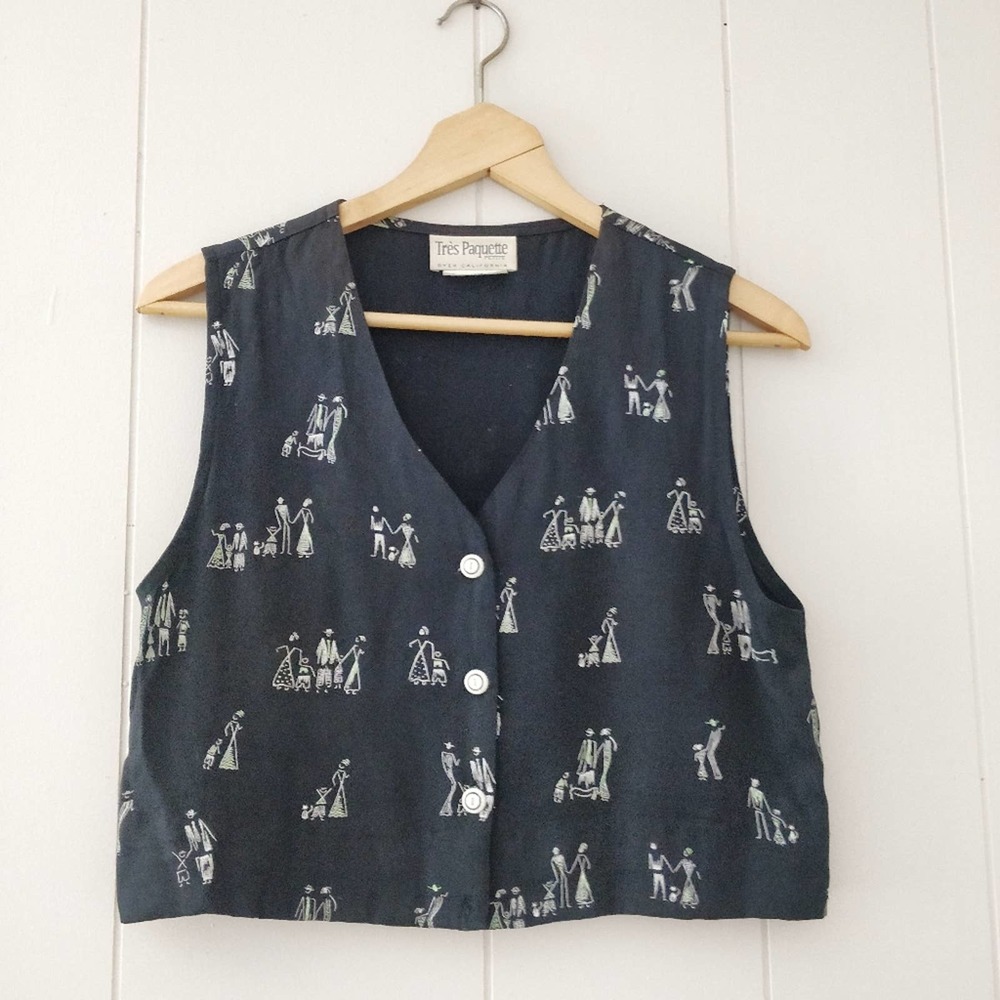 VTG Black Vest with Figure Line Art Sz Petite Lg